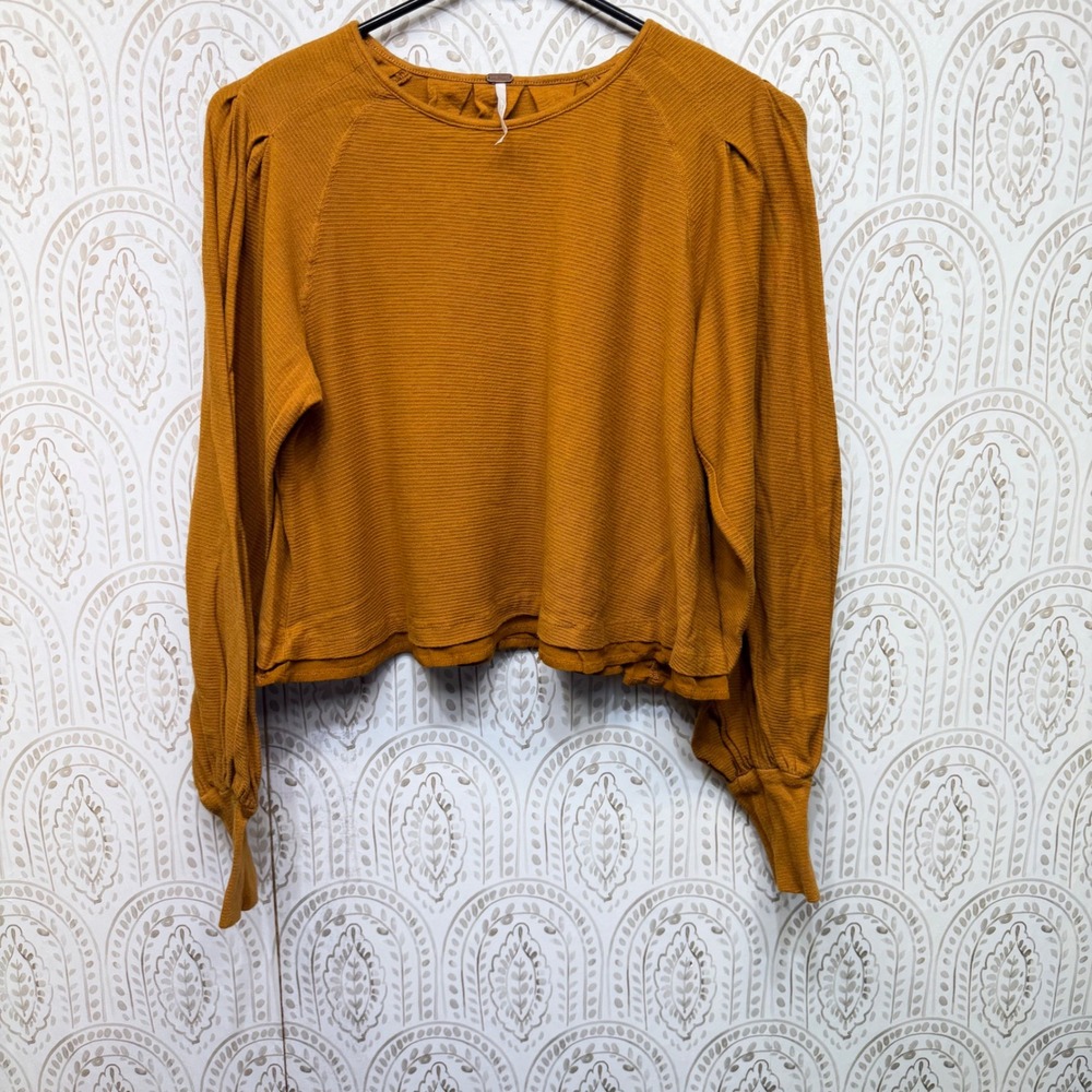 Free People Top Women Small Mustard Yellow Puff Sleeve Pleated Back Ribbed